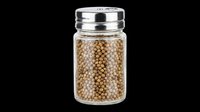 Glass spice jar filled with coriander seeds, silver metal lid, isolated on transparent background, ready for kitchen, food, recipe, and print on demand design use.