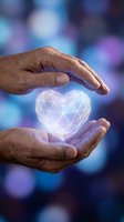 Elderly hands protecting glowing geometric heart symbol representing healthcare, love, compassion and medical care with bokeh background.