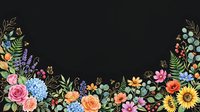Colorful floral border frame with roses, sunflowers, lavender and wildflowers on black background for wedding invitations and greeting cards.
