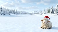 Cute sheep wearing red Santa hat sitting in snowy winter landscape with evergreen forest background, seasonal holiday decoration for festive greeting cards and winter celebrations.