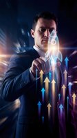 Professional businessman touching glowing rocket hologram with rising arrows representing startup growth and business success in futuristic digital environment.
