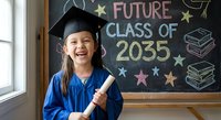 Young Asian girl in blue graduation cap and gown holding diploma with excited smile standing by chalkboard showing Future Class of 2035 text.