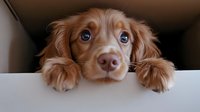 Adorable brown dachshund puppy with bright blue eyes peeks over white edge, paws hanging down, creating heartwarming moment against dark background.