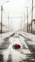 Red roses lying on wet asphalt street with blurred industrial buildings and power lines in background, conveying loss, abandonment, and melancholy emotions for editorial and conceptual projects.