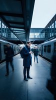 Young businessman in dark coat using smartphone on busy train station platform with motion blur commuters and modern architecture.
