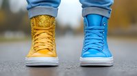 Mismatched high-top sneakers in bright blue and glittery gold create playful contrast on urban pavement, showcasing unique street style and individual expression.
