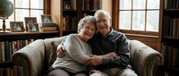 Happy elderly Caucasian couple embracing on couch in cozy home library with bookshelves and warm natural light for retirement lifestyle content.
