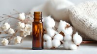Amber essential oil bottle with cotton flowers and cozy knitted fabric, creating a natural wellness and aromatherapy spa setting.