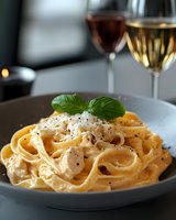 Creamy fettuccine pasta with chicken in rich sauce, garnished with fresh basil and black pepper, served with red and white wine.