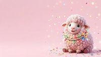 Cute fluffy sheep toy with pink wool wearing colorful beaded necklace on soft pink background with sparkles and confetti for children's celebrations and festive occasions.
