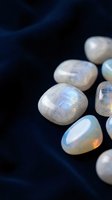 Polished moonstone gemstones with iridescent blue flash on dark navy background for jewelry making and crystal healing meditation practices.