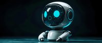 Futuristic robot assistant with glowing blue eyes and sleek white design against dark background, modern artificial intelligence concept for technology applications.