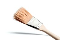 Paint brush with synthetic bristles and white handle casting soft shadow on white background, isolated professional art tool for creative projects.