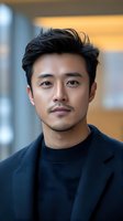 Young Asian professional in navy blazer and sweater looking confidently at camera with modern office background, styled hair and subtle facial expression.