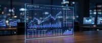 Futuristic holographic financial trading dashboard displaying stock market charts and data analytics in modern office environment for business presentations.