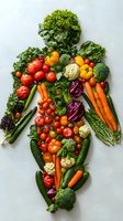 Fresh vegetables and greens arranged in female body silhouette on white background. Healthy eating and nutrition concept for wellness and diet planning.