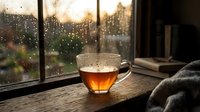 Cozy glass tea cup on wooden windowsill with raindrops on window during golden hour sunset, creating warm atmospheric home comfort scene.