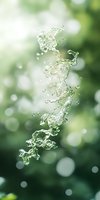 Dynamic water splash forming spiral shape against soft green bokeh background, with floating droplets and liquid motion creating natural abstract pattern.