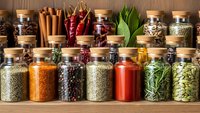 Colorful spice collection in glass jars with cork lids arranged on wooden shelf. Cinnamon sticks, dried chilies, herbs and seasonings for cooking.