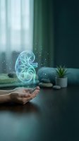 Glowing holographic kidney floating above open hands in modern medical office setting with digital particles for healthcare technology concepts.