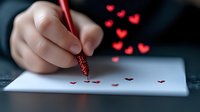 Young woman writing love letter with red glitter pen on white paper, small heart shapes floating in dark background creating romantic atmosphere.