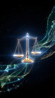 Golden scales of justice with digital network waves on dark starry background representing legal technology and cyber law enforcement.