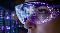 Futuristic smart glasses with holographic display showing data interface on young woman face in cyberpunk neon environment for tech innovation concepts.