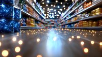 Blurred supermarket aisle with glowing bokeh lights creating magical atmosphere, low angle view of store shelves with products and decorative illumination.