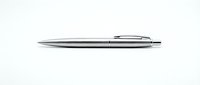 Sleek metallic ballpoint pen with polished chrome finish, isolated on white background, ready for design projects and marketing materials.