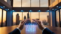 Businessman hands protecting holographic team figures in modern office with city skyline view representing leadership and employee care concepts.