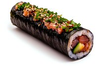 Fresh sushi roll with salmon, cucumber and avocado topped with spicy sauce and sesame seeds on white background, macro food photography.