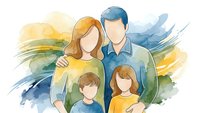 Watercolor family portrait with parents and two children in soft brushstrokes. Modern artistic style for greeting cards, family services, parenting blogs.