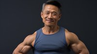 Confident mature Asian male athlete in blue tank top showing muscular arms and friendly smile against dark background. For fitness and wellness marketing.
