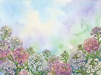 Watercolor wildflower meadow with delicate blooms in soft pastels creating dreamy spring garden border on textured paper background for romantic designs.