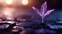 Glowing neon plant sprout emerging from soil against dark background with bokeh lights, symbolizing growth, hope and new beginnings in technology era.