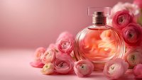 Elegant glass perfume bottle surrounded by soft pink ranunculus flowers on romantic pink background for beauty and fragrance advertising campaigns.