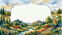 Watercolor mountain landscape frame with autumn trees, river and cloudy sky. Natural border template for text, invitations or seasonal designs.