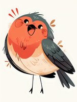 Cheerful cartoon robin with orange-red breast and dark gray wings in minimalist style, expressing joy with closed eyes and open beak on light background.