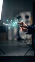 Businessman hand touching digital network interface with glowing lock icons and connected nodes, representing cybersecurity, data protection, and technology innovation for business solutions.