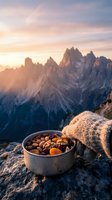 Hiker in warm sweater enjoys trail mix and nuts from metal bowl at sunrise overlooking dramatic alpine peaks and forested valleys below.