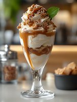 Luxurious caramel sundae with whipped cream, toffee crumbles and mint garnish in elegant glass. Layers of vanilla ice cream and salted caramel sauce create indulgent dessert.