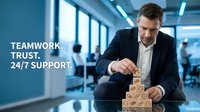 Professional businessman building wooden blocks tower in modern office environment representing growth strategy and leadership development.
