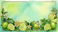 Watercolor lime slices and blossoms arranged on soft yellow-green background with botanical foliage, suitable for culinary designs, beverage packaging, wellness branding, and decorative projects.