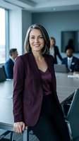Confident mature Caucasian businesswoman in burgundy blazer smiling in modern boardroom with diverse colleagues in background.
