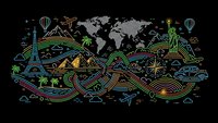 Global travel adventure line art with world map, landmarks, transportation and vacation symbols on black background for tourism design projects.