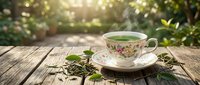 Elegant porcelain teacup with floral pattern filled with green tea on rustic wooden table surrounded by fresh mint leaves and tea herbs in sunlit garden.
