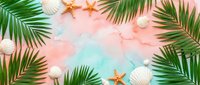 Tropical summer background with palm leaves, seashells and starfish on pastel pink and blue surface for vacation design.