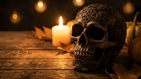 Ornate carved skull with intricate patterns sits on wooden surface beside flickering candle flame creating atmospheric Halloween or Day of Dead ambiance.