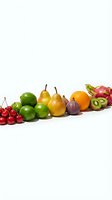 Fresh tropical and seasonal fruits arranged in colorful row on white background for healthy eating and nutrition concepts.