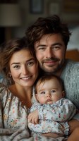Young parents with infant baby in floral outfits share intimate family moment at home. Natural lighting creates warm atmosphere for lifestyle family photography.